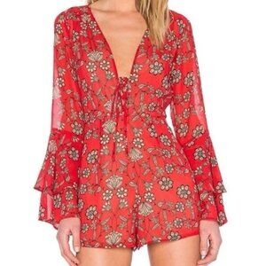 For Love & Lemons Women's Pia Romper Floral Red Size S Bell Sleeves Boho
